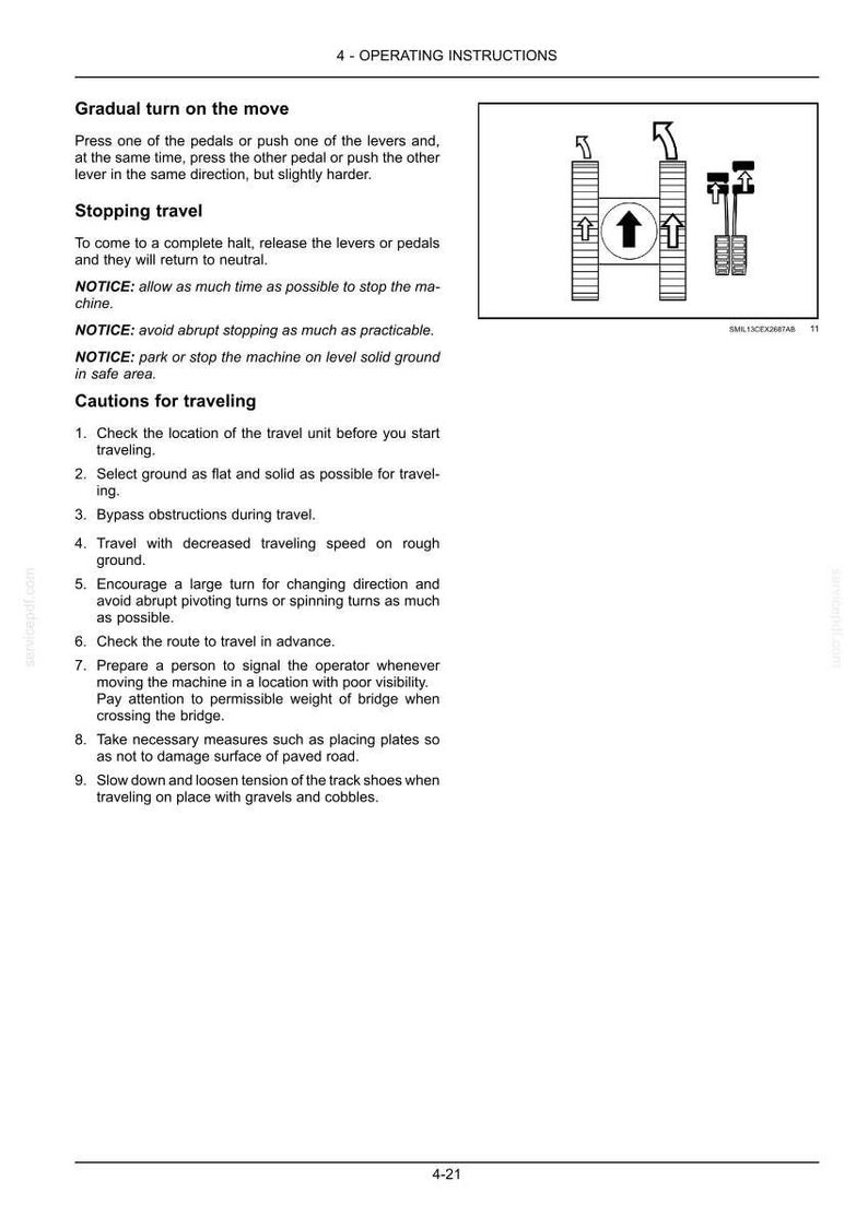 K&ouml;nnte beinhalten: Eine Seite eines technischen Dokuments mit dem Titel 4 - OPERATING INSTRUCTIONS, die Anweisungen zu Kurvenfahrten, zum Anhalten und Sicherheitshinweise enth&auml;lt. Sie zeigt ein schwarz-wei&szlig;es Diagramm mit zwei Kettenlaufwerken und Richtungspfeilen.
