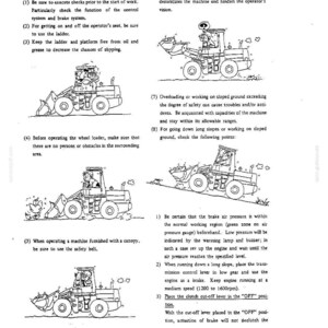 May include: A technical manual page titled 1-2. Safety while working, featuring black and white line drawings of a wheel loader and an operator. The text provides numbered safety instructions for operating the machinery, including brake and control checks.