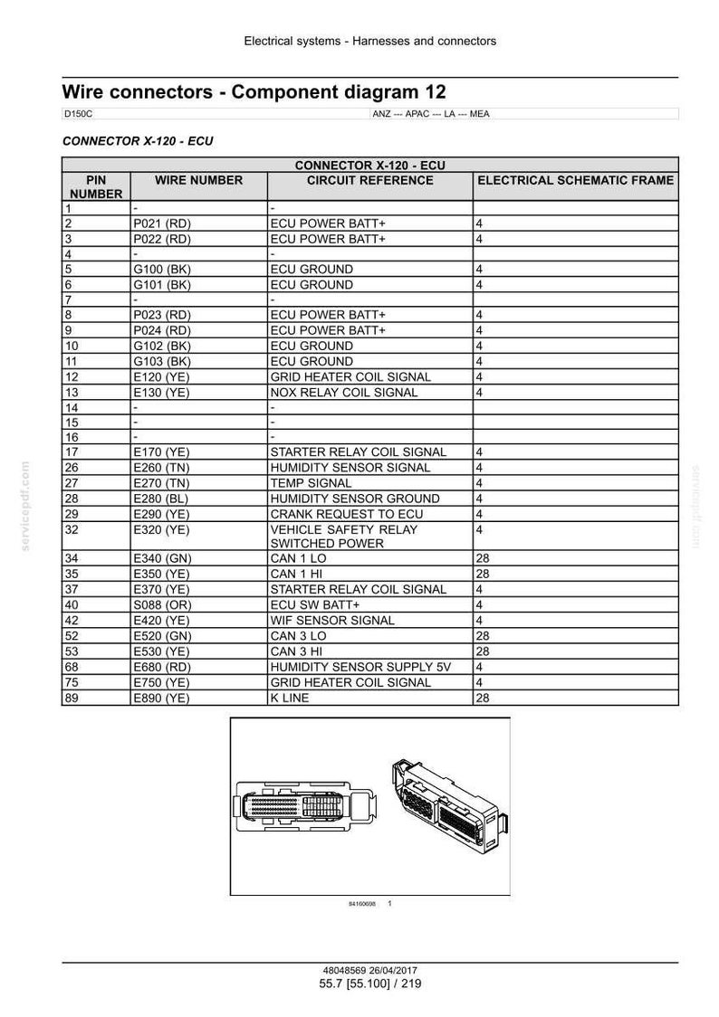 May include: Component diagram 12 of wire connectors for electrical systems. The diagram includes a table with pin numbers, wire numbers, circuit references, and electrical schematic frame numbers. The image also shows two connector diagrams.