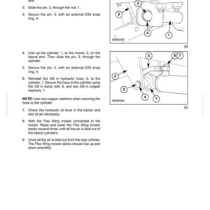 Puede incluir: Una p&aacute;gina de manual t&eacute;cnico titulada SECTION 35 - HYDRAULIC SYSTEM - CHAPTER 1. Incluye dos dibujos lineales en blanco y negro que muestran la instalaci&oacute;n de una varilla, un pasador, un anillo el&aacute;stico, un cilindro y un perno banjo de 3/8.