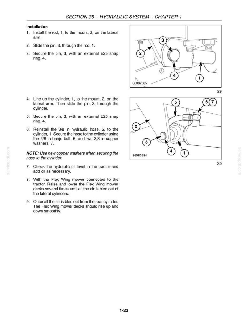 Puede incluir: Una p&aacute;gina de manual t&eacute;cnico titulada SECTION 35 - HYDRAULIC SYSTEM - CHAPTER 1. Incluye dos dibujos lineales en blanco y negro que muestran la instalaci&oacute;n de una varilla, un pasador, un anillo el&aacute;stico, un cilindro y un perno banjo de 3/8.