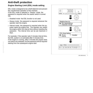 Puede incluir: Una p&aacute;gina de manual t&eacute;cnico titulada 4 - OPERATING INSTRUCTIONS que detalla la protecci&oacute;n antirrobo y los ajustes del modo Engine Starting Limit (ESL). Incluye explicaciones de texto y un diagrama que muestra una pantalla digital, opciones de men&uacute; y un teclado num&eacute;rico.