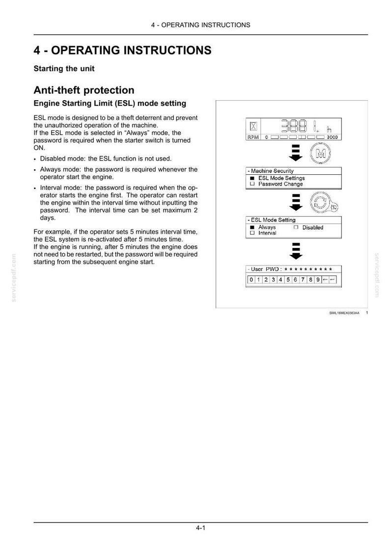 Puede incluir: Una p&aacute;gina de manual t&eacute;cnico titulada 4 - OPERATING INSTRUCTIONS que detalla la protecci&oacute;n antirrobo y los ajustes del modo Engine Starting Limit (ESL). Incluye explicaciones de texto y un diagrama que muestra una pantalla digital, opciones de men&uacute; y un teclado num&eacute;rico.