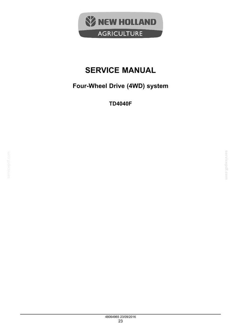 May include: A white page with the "NEW HOLLAND AGRICULTURE" logo at the top. The text "SERVICE MANUAL" is below the logo, followed by "Four-Wheel Drive (4WD) system" and "TD4040F". The bottom of the page has a date and page number.