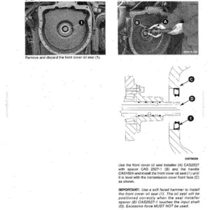 May include: Diagram illustrating the front cover oil seal removal and installation process. The image includes step-by-step instructions with labeled components and text. The text includes instructions for using a soft-faced hammer.