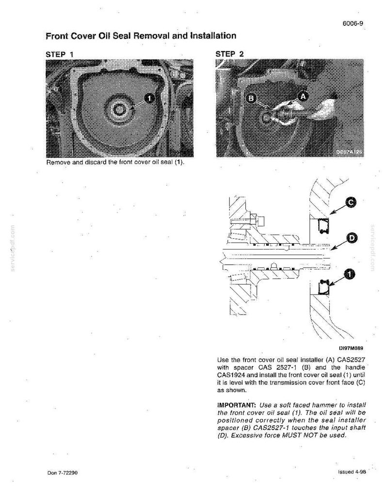 May include: Diagram illustrating the front cover oil seal removal and installation process. The image includes step-by-step instructions with labeled components and text. The text includes instructions for using a soft-faced hammer.