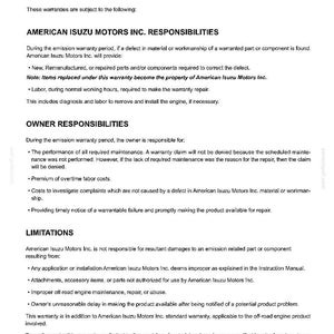 May include: A black and white document page titled Section X - Specifications (EPA Engine) detailing the limitations and responsibilities of American Isuzu Motors Inc. regarding emission warranties, owner duties, and specific coverage exclusions.