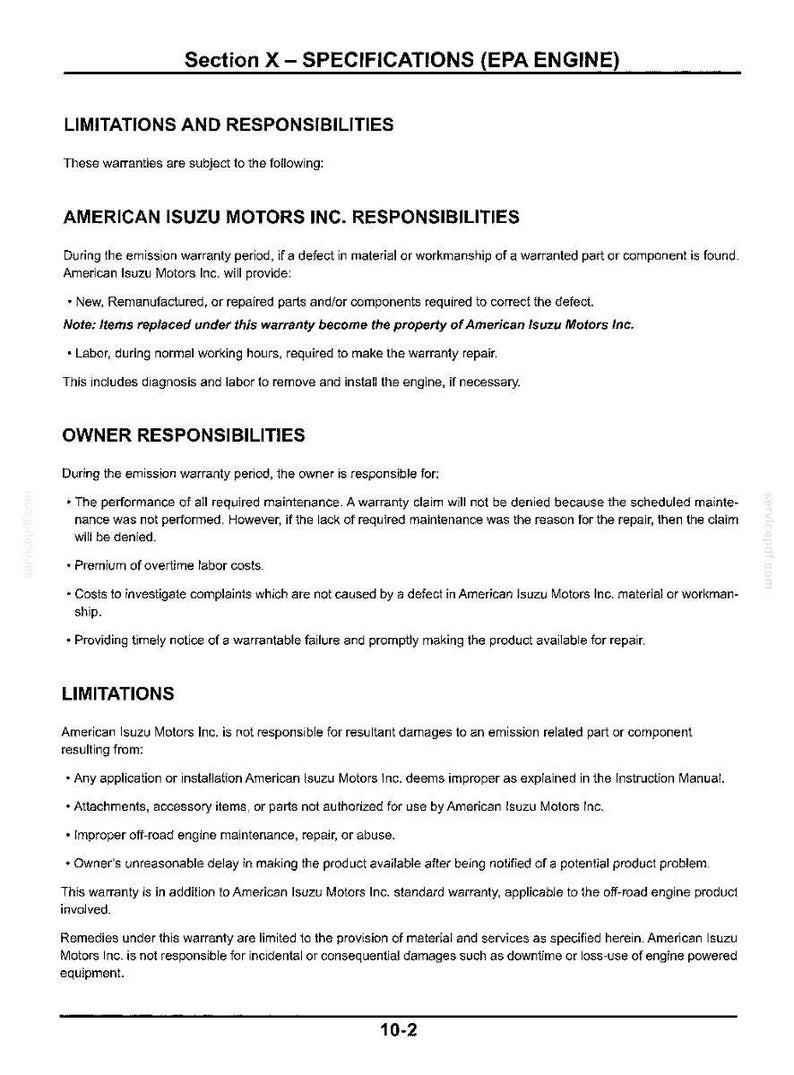 May include: A black and white document page titled Section X - Specifications (EPA Engine) detailing the limitations and responsibilities of American Isuzu Motors Inc. regarding emission warranties, owner duties, and specific coverage exclusions.