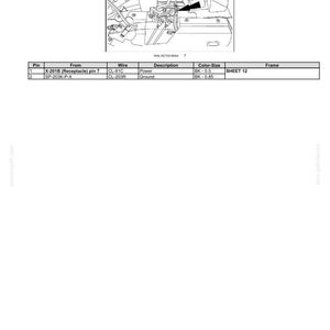 May include: Diagram of electrical systems, harnesses, and connectors. The image includes a detailed illustration of wiring and connection points, with a table listing pin, wire, and description details. The text includes "Electrical systems - Harnesses and connectors".