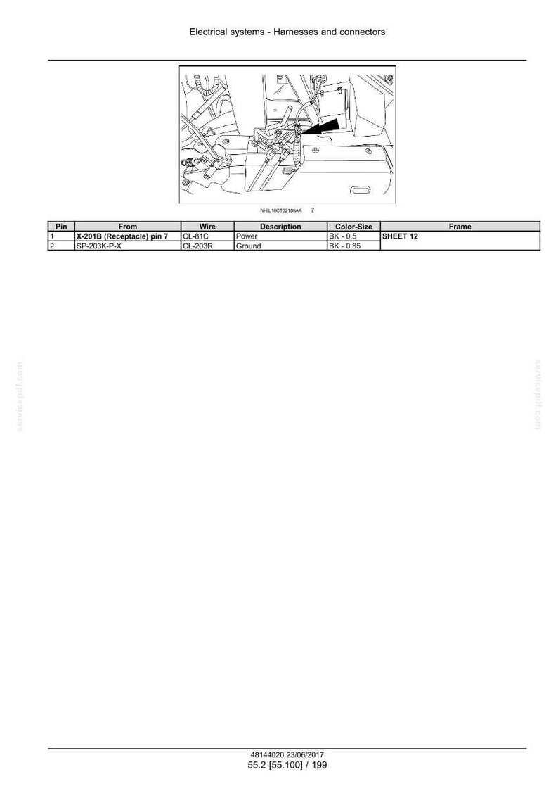 May include: Diagram of electrical systems, harnesses, and connectors. The image includes a detailed illustration of wiring and connection points, with a table listing pin, wire, and description details. The text includes "Electrical systems - Harnesses and connectors".