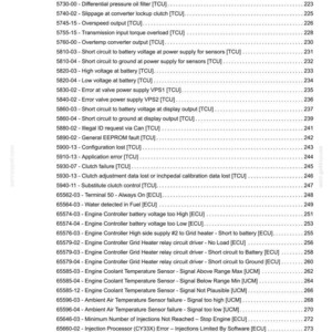 May include: A page from a diagnostic manual, detailing engine and system error codes. The text lists codes for voltage, temperature, and sensor failures, with page numbers. The document is dated 01/08/2018.