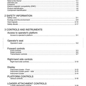 May include: A white document page with the title "Contents" at the top. The document lists various sections, including "General Information," "Safety Information," and "Controls and Instruments," with corresponding page numbers.
