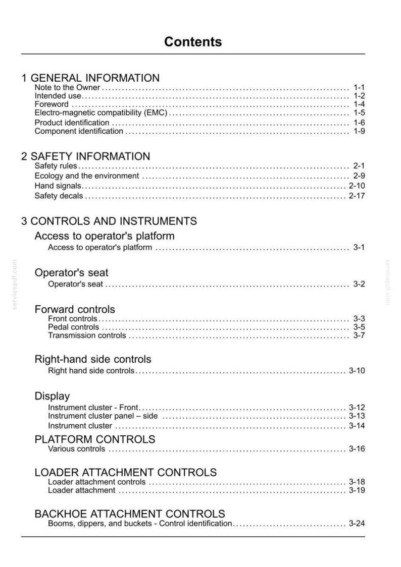 May include: A white document page with the title "Contents" at the top. The document lists various sections, including "General Information," "Safety Information," and "Controls and Instruments," with corresponding page numbers.