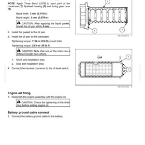 May include: Diagram of engine oil pan installation with labeled parts and instructions. Includes bead width of 0.118 inches and bead height of 0.079 inches. Also shows engine oil filling and battery ground cable connect instructions.