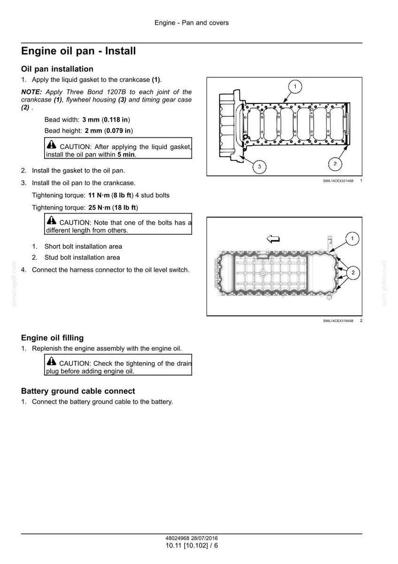 May include: Diagram of engine oil pan installation with labeled parts and instructions. Includes bead width of 0.118 inches and bead height of 0.079 inches. Also shows engine oil filling and battery ground cable connect instructions.