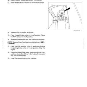 May include: Diagram of machine components with text instructions for brake and control maintenance. Includes steps for installing the hydrostatic motor, vacuum pump, and breather vent. The text also includes instructions for starting the engine and checking for leaks.