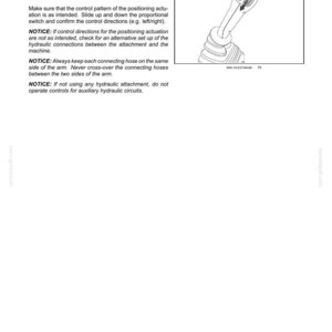 May include: Diagram of a control lever with a proportional switch, part of the accessories section. The text describes operating controls, including the grab rotation and bucket tilt. Includes safety notices about hydraulic connections.