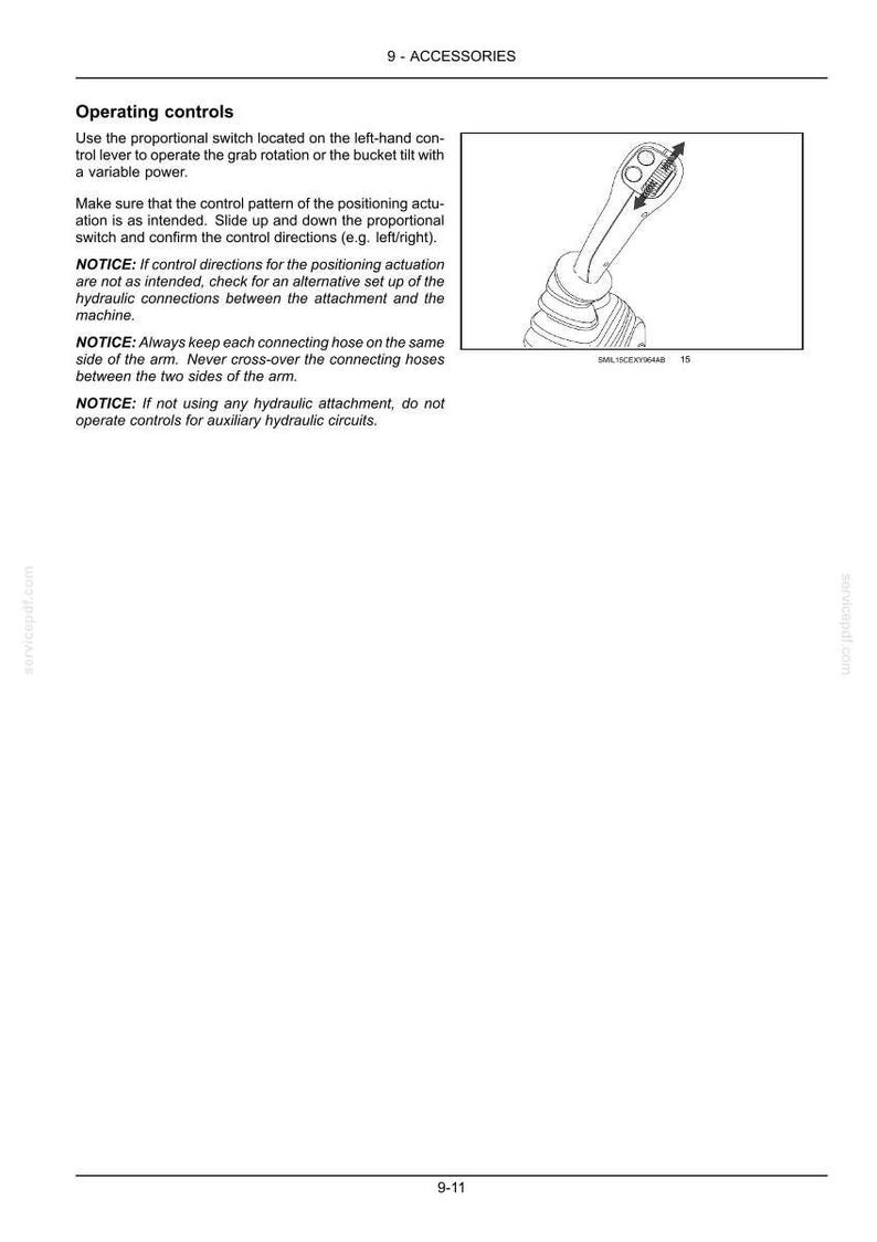 May include: Diagram of a control lever with a proportional switch, part of the accessories section. The text describes operating controls, including the grab rotation and bucket tilt. Includes safety notices about hydraulic connections.