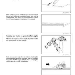 May include: A technical manual page titled 4-WORKING OPERATIONS featuring four black and white line drawings of a tractor with a front loader bucket. The diagrams illustrate cutting depths of 51 mm (2 in), loading trucks from a pile, and back-grading.