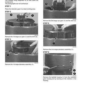 May include: Diagram illustrating the disassembly of a swing reduction gear. The image shows step-by-step instructions with numbered components and text labels. The steps include removing sun gears, shims, and planetary assemblies.