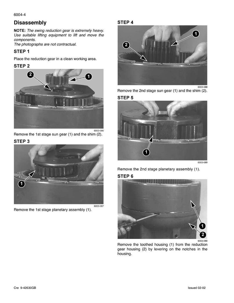 May include: Diagram illustrating the disassembly of a swing reduction gear. The image shows step-by-step instructions with numbered components and text labels. The steps include removing sun gears, shims, and planetary assemblies.