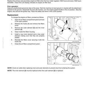 May include: A technical maintenance document page titled 7-MAINTENANCE detailing the replacement of engine air filters every 1000 hours. It includes numbered instructions and two black and white line drawings showing the filter housing and components.