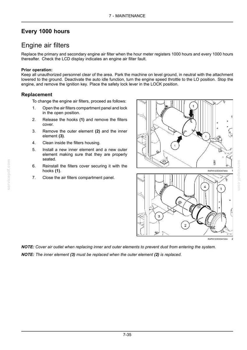 May include: A technical maintenance document page titled 7-MAINTENANCE detailing the replacement of engine air filters every 1000 hours. It includes numbered instructions and two black and white line drawings showing the filter housing and components.