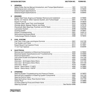 May include: A black and white table of contents from a W30 Loader manual. The table lists sections like General, Engines, Fuel System, Electrical, and Steering, with corresponding section and form numbers. Printed in the USA, February 1988.