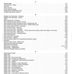 May include: A page from a technical manual index featuring black text on a white background. The list includes topics starting with P, R, and S, such as Parking brake, Radiator and intercooler, Rear hydraulic lift, and Safety rules with page numbers.