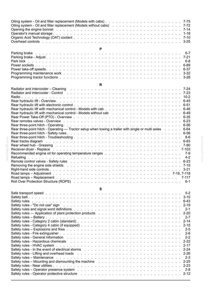 May include: A page from a technical manual index featuring black text on a white background. The list includes topics starting with P, R, and S, such as Parking brake, Radiator and intercooler, Rear hydraulic lift, and Safety rules with page numbers.