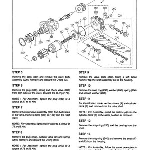 May include: Diagram showing the disassembly and assembly of a mechanical component. The image features various parts like bolts, rings, and valves, each with a number. Text provides instructions for each step, including torque specifications in Nm.