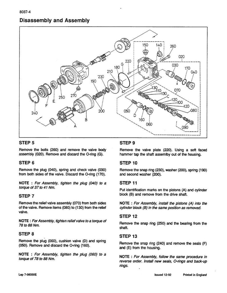 May include: Diagram showing the disassembly and assembly of a mechanical component. The image features various parts like bolts, rings, and valves, each with a number. Text provides instructions for each step, including torque specifications in Nm.