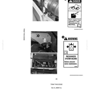 May include: A black and white diagram with safety decals and hand signals. The image includes close-ups of machinery components with labels and warnings. Text includes "DANGER" and "WARNING" with safety instructions.