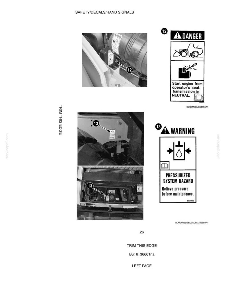 May include: A black and white diagram with safety decals and hand signals. The image includes close-ups of machinery components with labels and warnings. Text includes "DANGER" and "WARNING" with safety instructions.