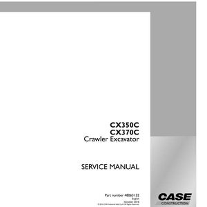 May include: A white service manual for a CX350C and CX370C Crawler Excavator. The cover includes the text "SERVICE MANUAL" and "CASE CONSTRUCTION" in black. The part number is 48063132.