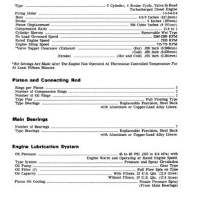 May include: A detailed technical specification sheet for a diesel engine, featuring sections on general characteristics, piston and connecting rod details, main bearings, and the engine lubrication system. Includes measurements in inches and cubic inches.