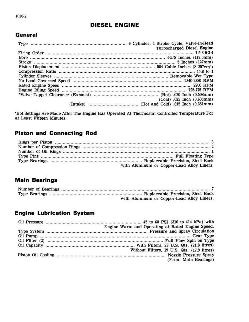 May include: A detailed technical specification sheet for a diesel engine, featuring sections on general characteristics, piston and connecting rod details, main bearings, and the engine lubrication system. Includes measurements in inches and cubic inches.