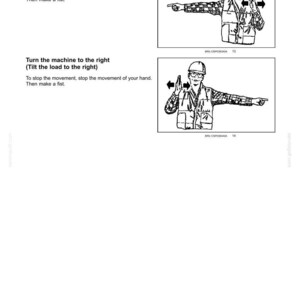 May include: Diagram illustrating safety instructions. The text reads "Turn the machine to the left" and "Turn the machine to the right." Each instruction includes a drawing of a person signaling with their hands.