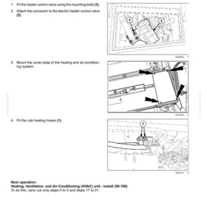 May include: Diagram of a car's heating system installation process. The image includes numbered steps with illustrations of the heater control valve, mounting bolts, and hoses. Text instructions are also included.