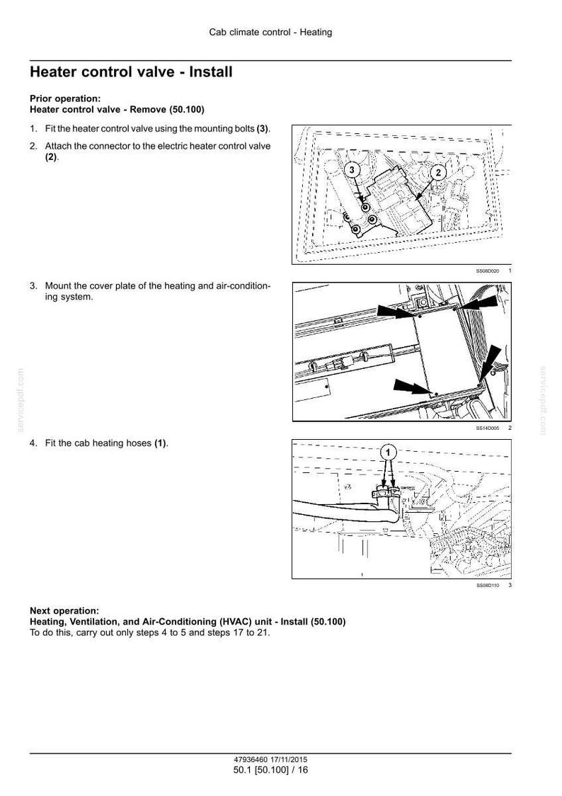 May include: Diagram of a car's heating system installation process. The image includes numbered steps with illustrations of the heater control valve, mounting bolts, and hoses. Text instructions are also included.