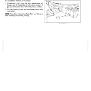 May include: A technical manual page titled 3 - CONTROLS AND INSTRUMENTS featuring a black and white line drawing of a tractor hood release lever labeled 1. The text provides instructions on how to raise and lower the hood using the latch mechanism.