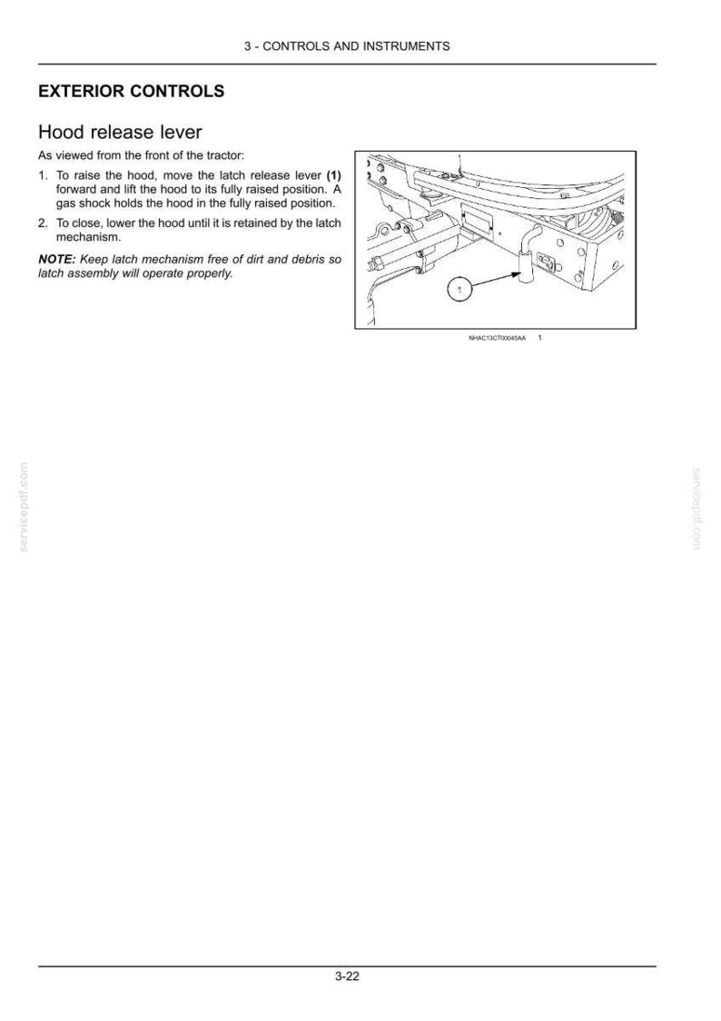 May include: A technical manual page titled 3 - CONTROLS AND INSTRUMENTS featuring a black and white line drawing of a tractor hood release lever labeled 1. The text provides instructions on how to raise and lower the hood using the latch mechanism.