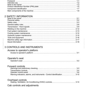 May include: A white document titled "Contents" with a list of sections including "General Information", "Safety Information", and "Controls and Instruments". The document is a manual for a machine.