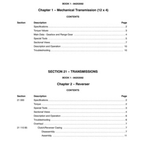 May include: A page from a manual titled "SECTION 21 - TRANSMISSIONS" with a table of contents for Chapter 1 and Chapter 2. The table lists sections like Specifications, Torque Values, and Special Tools. The book's number is 1-84253592.