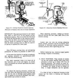 May include: Diagram of a fuel injector system with a pressure gauge, fuel tank, and adjustment instructions. Text includes "Setting Nozzle at Correct Opening Pressure" and "Adjusting Nozzle Opening Pressure". Measurements are in PSI.