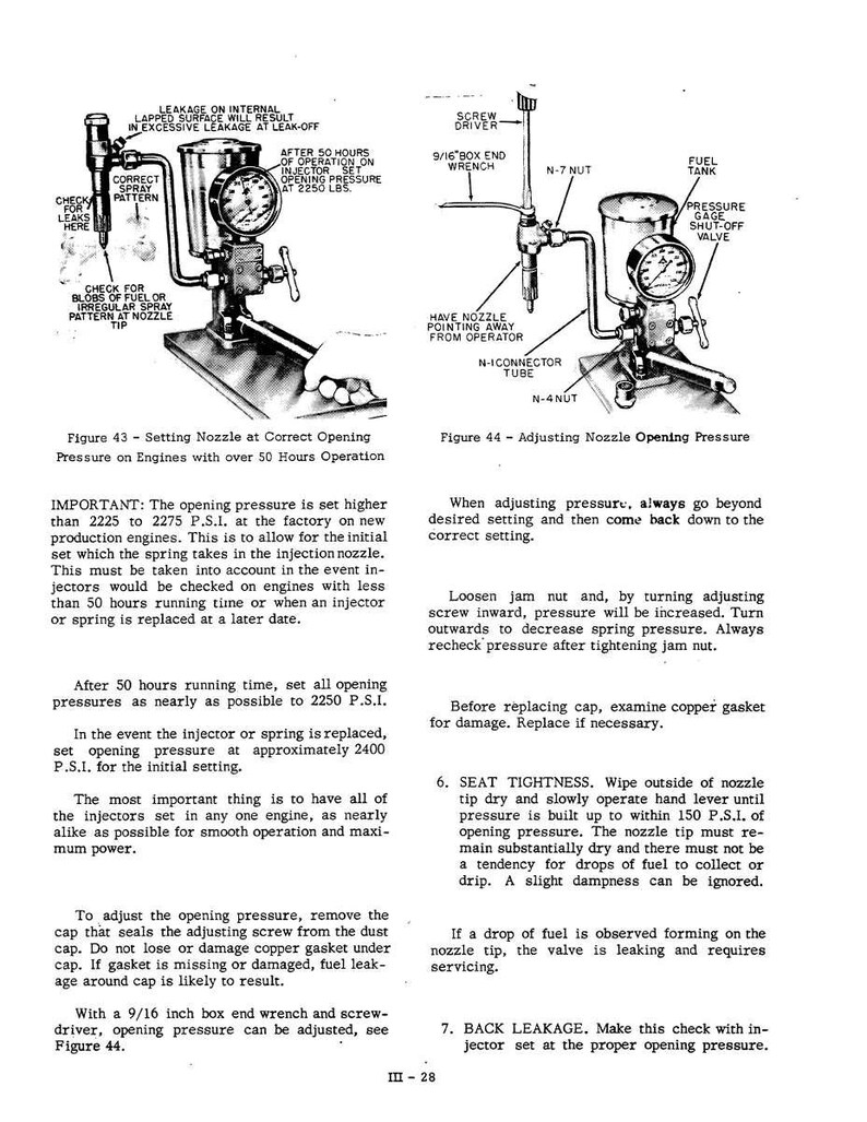 May include: Diagram of a fuel injector system with a pressure gauge, fuel tank, and adjustment instructions. Text includes "Setting Nozzle at Correct Opening Pressure" and "Adjusting Nozzle Opening Pressure". Measurements are in PSI.