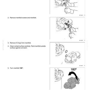 May include: A technical manual page titled 3 - WORKING OPERATIONS detailing five steps for manifold maintenance. The document includes black and white line drawings showing the removal of flange plugs, screws, and O-rings, plus a 180-degree rotation.