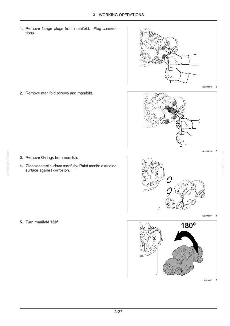 May include: A technical manual page titled 3 - WORKING OPERATIONS detailing five steps for manifold maintenance. The document includes black and white line drawings showing the removal of flange plugs, screws, and O-rings, plus a 180-degree rotation.