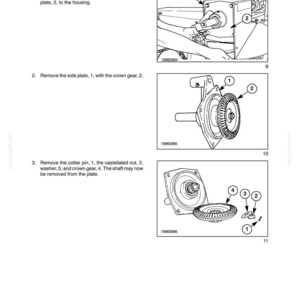 May include: A technical manual page titled SECTION 58 - ATTACHMENTS/HEADERS - CHAPTER 1, featuring three black and white line drawings illustrating the disassembly process of a mechanical housing, side plate, crown gear, and associated hardware.