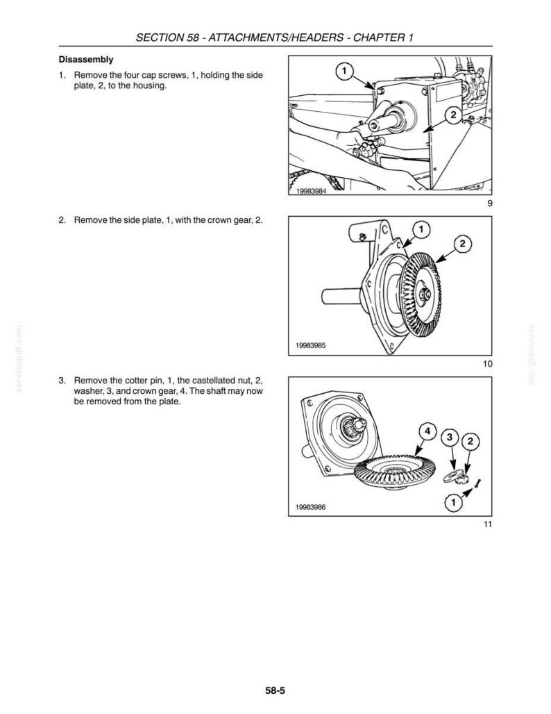 May include: A technical manual page titled SECTION 58 - ATTACHMENTS/HEADERS - CHAPTER 1, featuring three black and white line drawings illustrating the disassembly process of a mechanical housing, side plate, crown gear, and associated hardware.